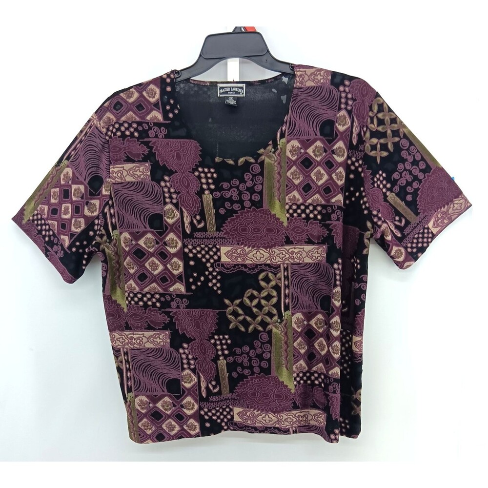 Frazier Lawrence Blouse Women Size 2X Black Purple Abstract Short Sleeve Top